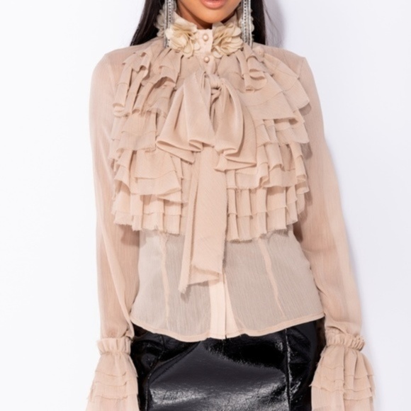 Natalia Nude Ruffle Front Pussy Bow Blouse Top - Picture 6 of 8